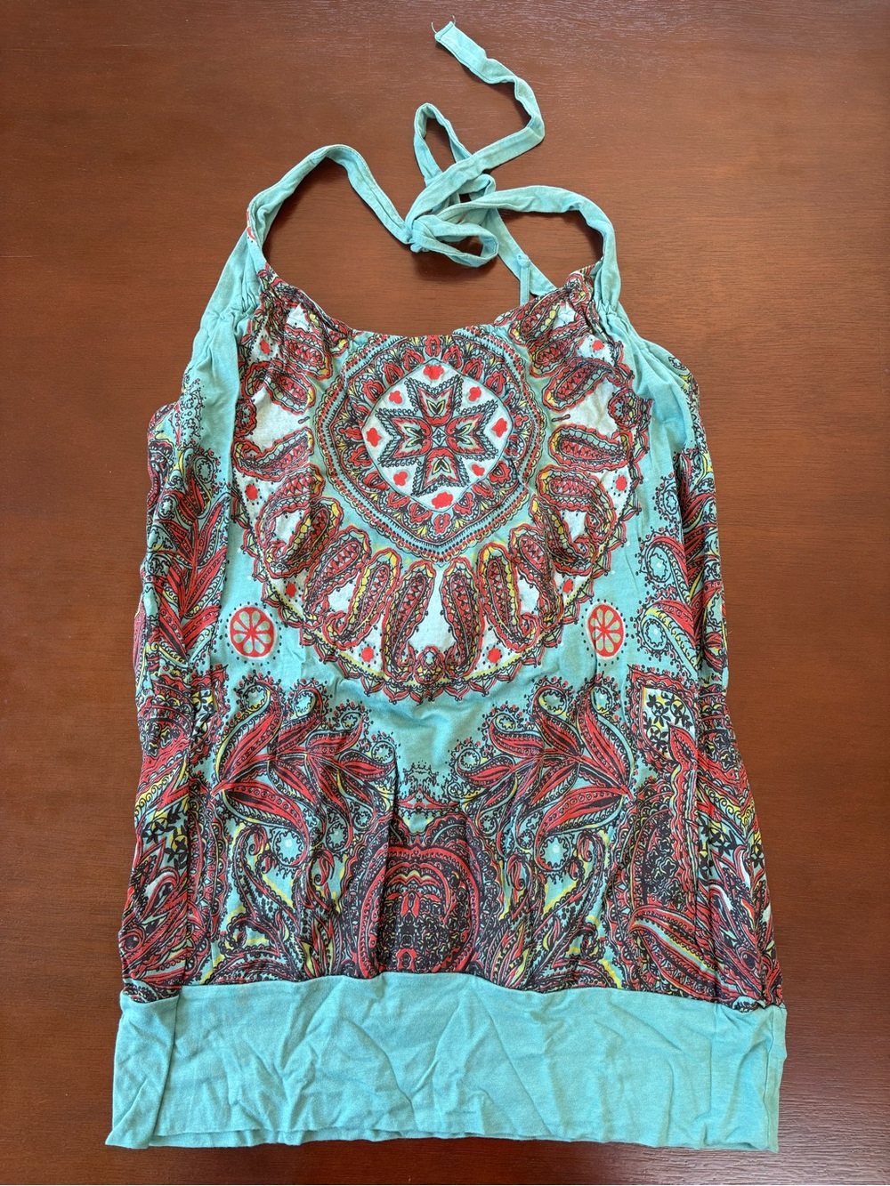 Language Teal Halter Top with Red Paisley Trim